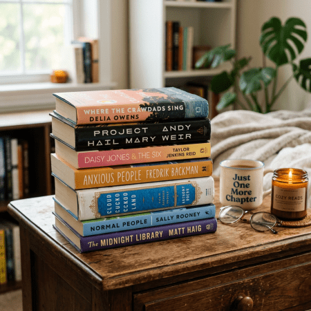 Stack of popular contemporary novels on wooden table with mug and candle